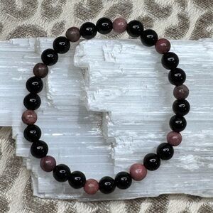 Black Line Rhodonite & Black Obsidian Crystal Gemstone Stretch Bracelet
